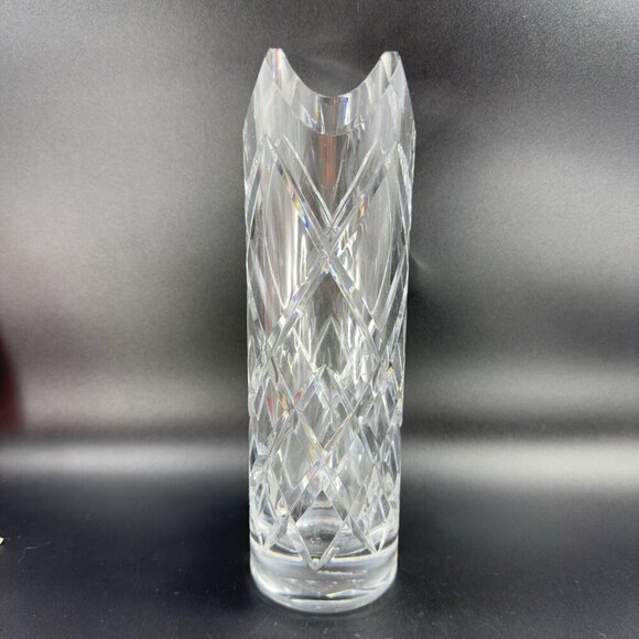 Vintage Ceska Clear Cylinder Crystal Glass Vase Cut Top Edges Czechoslovakia VTG - Picture 14 of 14